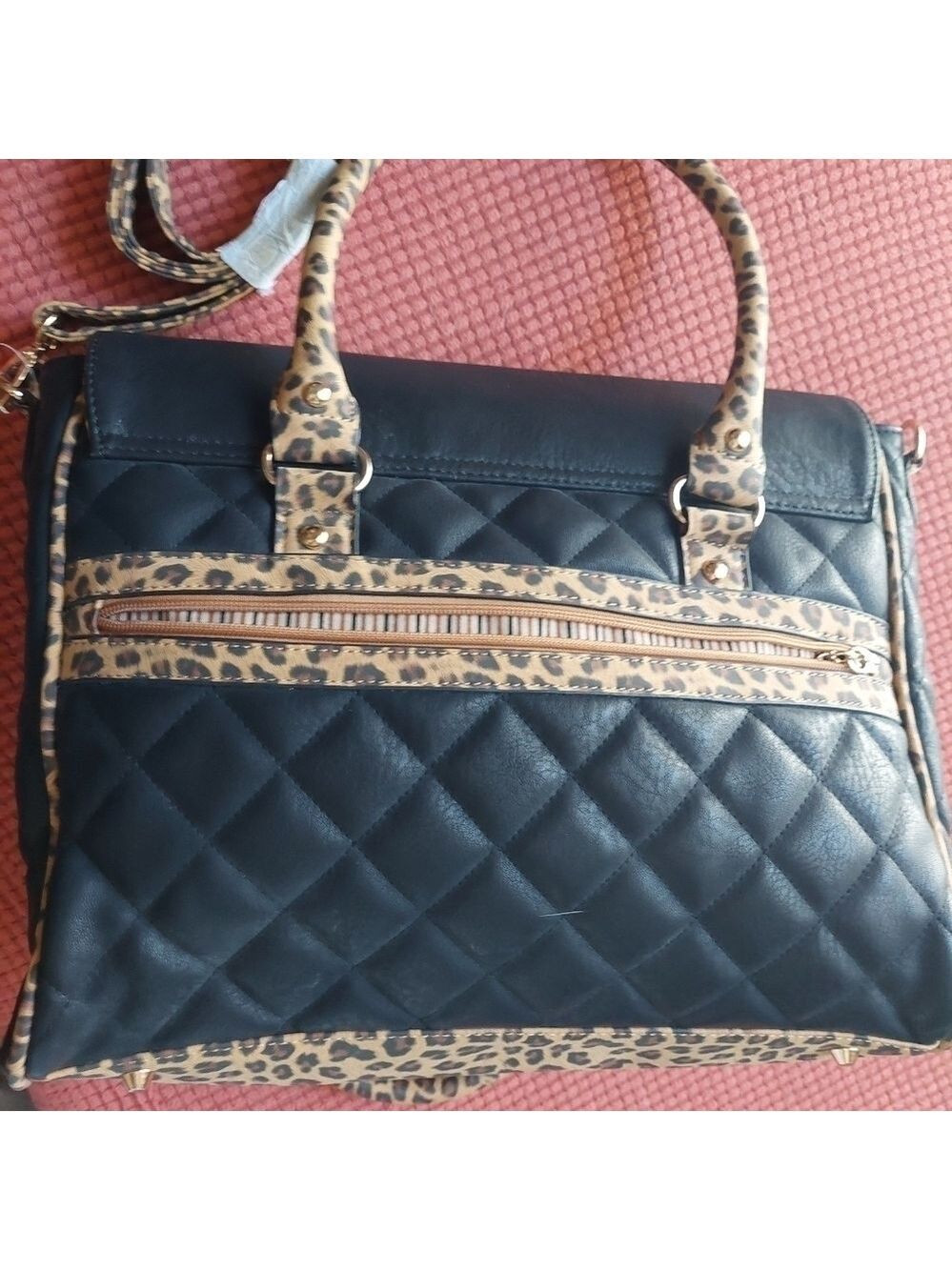 Joanel Quilted & Plain Black & Faux Leopard Trim Handbag (Large) - Picture 3 of 16